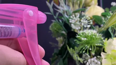 Slow motion hand spraying water from pink foggy to blurred artificial flowers Stock Footage 250087291