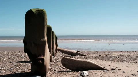 Slow motion handheld clip of weathered and green covered wooden pillars Stock-Footage 135844644