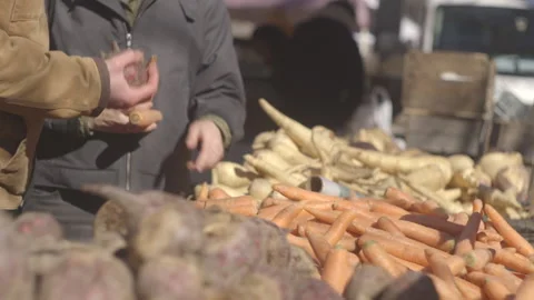 Slow-Motion hands grabbing root vegetables at a Farmer's Market (NYC) Stock Footage 188589359