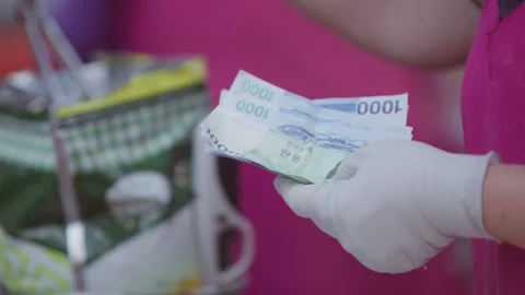 Slow motion of hands handling Korean banknotes in market stall Stock Footage 314126480
