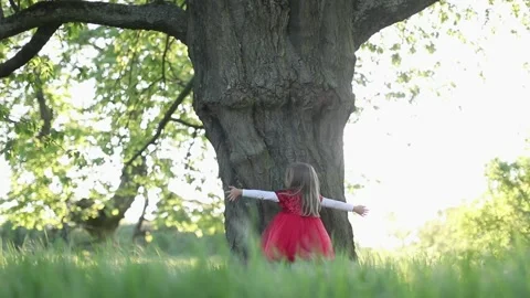 SLOW MOTION Happy cute blond little girl in red dress touch the tree Stock Footage 131777945