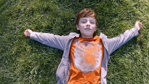 Slow motion happy red-haired boy lies the green grass in a park in a clearing Stock Footage 118895183