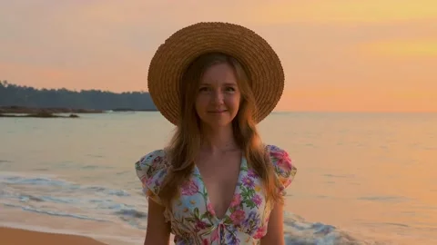 Slow motion of a happy young woman on her summer vacation Stock Footage 234963243