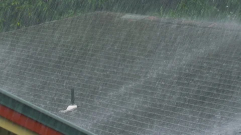 Slow Motion Heavy Rain Rooftop Wide, 4K Stock Footage 100998346