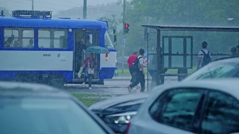 Slow Motion Heavy Rainstorm At Riga Tram Stop Urban Weather Scene Stock Footage 331967834