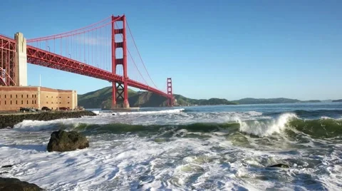 Slow motion, heavy surf along the breakwater at Fort Point.  Looking north along Stock Footage 61805919