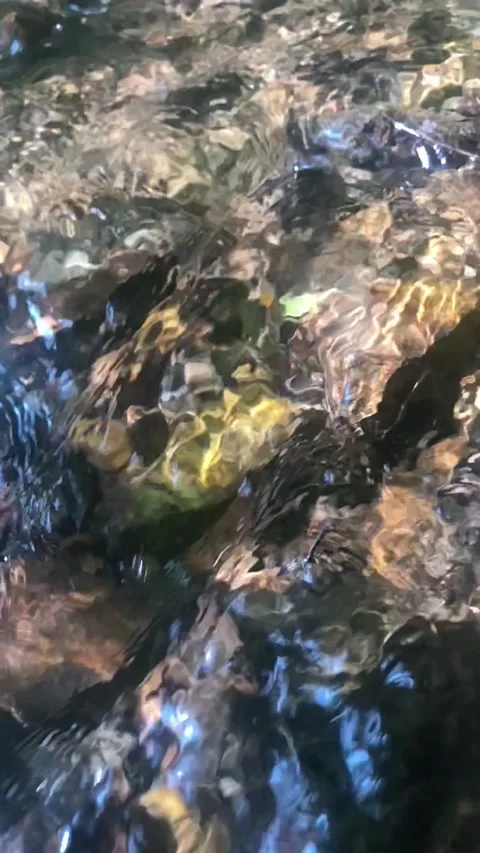 Slow motion high-angle footage of flowing stream over colorful stones. Stock Footage 139509095
