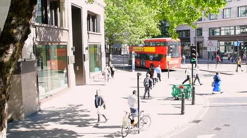 Slow motion high angle view on Aldwych and Kingsway street road people London Stock Footage 107886705