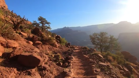 Slow Motion Hiker Walking on Scenic Grand Canyon Path Stock Footage 298411680
