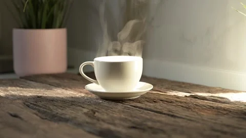Slow motion hot espresso mug with steam cozy indoor setting conceptual hot drink Stock Footage 296997670