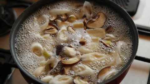Slow motion hot pot boiling with mushrooms and noodles in Japan Video stock 348159544