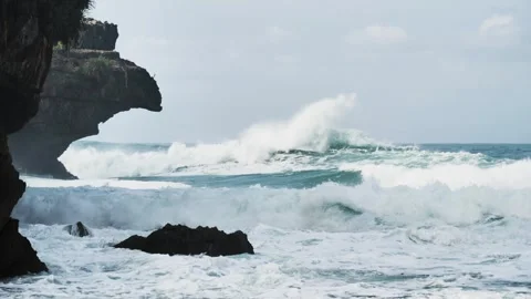 Slow Motion Huge Wave Crash Tall Coral Cliff Dark Contrast Stock Footage 280378201