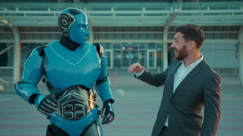 Slow motion humanoid robot having fun with man funny smilling on street in the Stock Footage 133307509