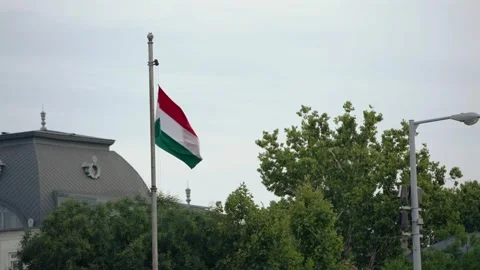Slow motion of Hungarian flag on pole surrounded by greenery in Budapest Stock Footage 313497357