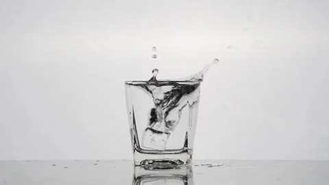 Slow-motion Ice Cube Drop into Crystal Clear Glass - White Background Stock Footage 240216728