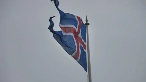 Slow Motion, Iceland Flag Flapping On A Grey Winter Cloudy Day Stock Footage 97267220