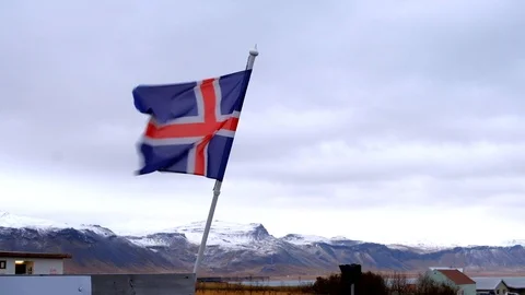 Slow motion Iceland flag flapping move by strong wind blow Stock Footage 100765208