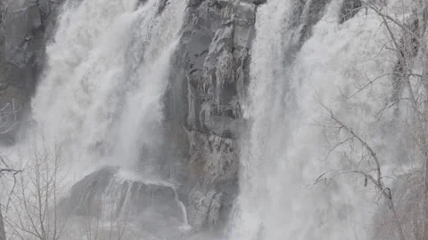 Slow Motion Icy Oregon Waterfall on Foggy Day - Shallow DOF Stock Footage 145997130