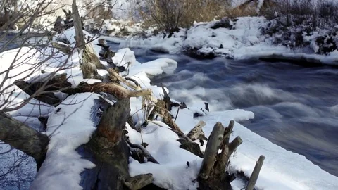 Slow Motion Icy River with Snow covered Log Stock Footage 83210201