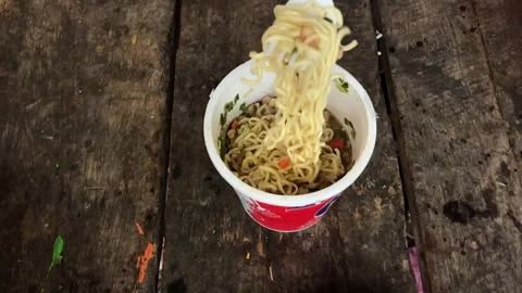 Slow motion instant cup noodle Stock Footage 276876910