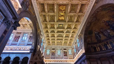 Slow Motion Interior View Of Gilded Coffered Ceiling Rome Basilica Video stock 331539350