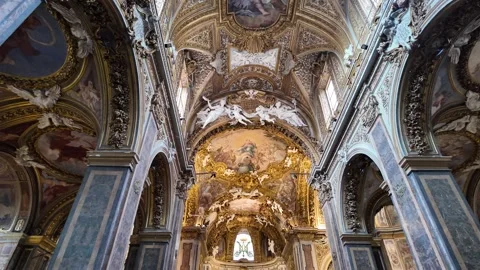 Slow Motion Interior View Of Gilded Wooden Ceiling Rome Church Stock-Footage 331539606