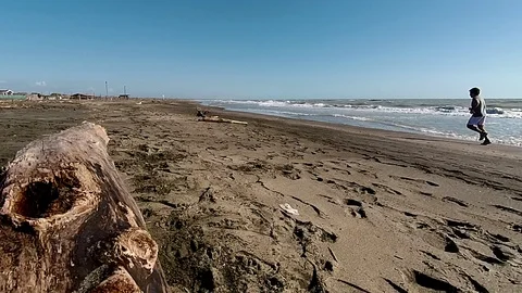Slow Motion Jogger on a sand beach run near the sea at sunset Stock Footage 87560101