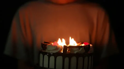 Slow motion kid blowing fire candle on cake of happy birth day cake on night Stock Footage 236840402