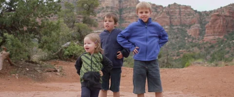 Slow Motion Kids on a Hike Stop at Scenic Spot Stock Footage 61718005