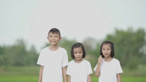 Slow motion kids playing and running on nature of countryside Stock Footage 132920445
