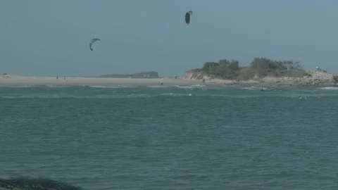 Slow Motion Kite Surfers Above Water at Sunshine Coast Beach, Queensland Austral Stock Footage 341307116