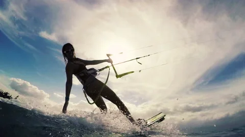 Slow Motion Kiteboarding. Fun in the ocean, Extreme Sport Kitesurfing. Stock Footage 56611017