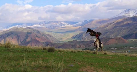 Slow motion Kyrgyz eagle hunter with eagle spreading wings on white horse Видео 336808673
