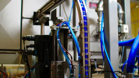 Slow motion of a label placing machine with blue pipes on a food factory Stock Footage 150517208