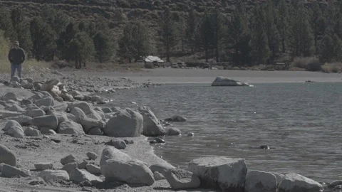 Slow motion of lake with rock formations and forest in background Stock Footage 122379440