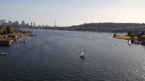 Slow motion Lake Union sailing in Seattle Stock Footage