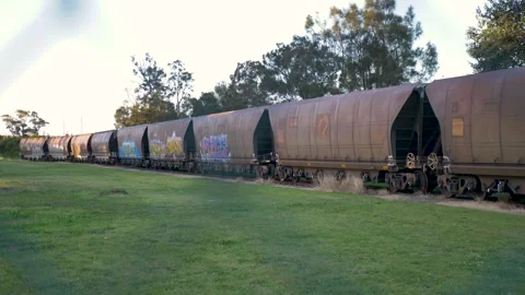 Slow motion landscape of historic coal train carriages and freight hopper cars Stock Footage 346119354