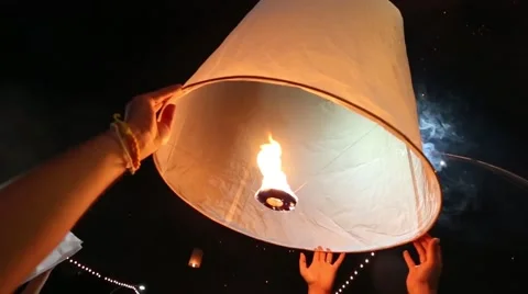 Slow Motion of Lantern Released in Night Sky. Stock Footage 49773899