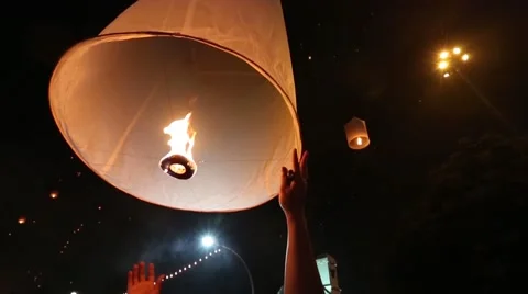 Slow Motion of Lantern Released in Night Sky. Stock Footage 49773911