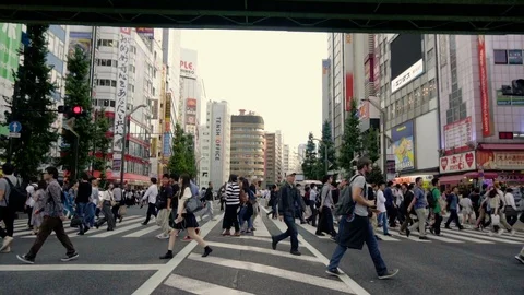 Slow Motion - Large Crowd of People Crossing Street in City - Tokyo, Japan - Stock Footage 105051092