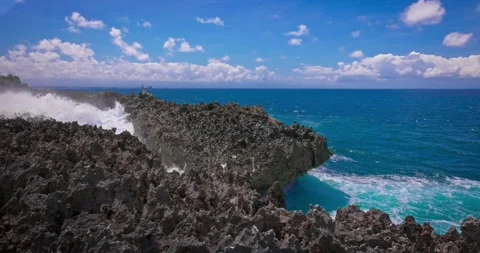Slow motion of large waves crashing against the rocks of the coastline. Stock Footage 256449158