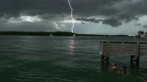 Slow Motion lightning strike next to dock Stock Footage 67889685