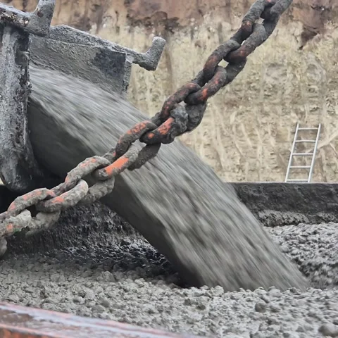 Slow motion of liquid concrete pouring into a crane bucket with moving chains Vídeos de archivo 330799500