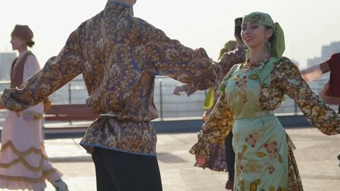 Slow Motion Local People Dance on Wedding Palace Roof Stock Footage 80037643