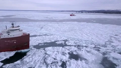 Slow Motion Lockdown Shot Of Self Discharging Bulk Carrier In Frozen Lake Under Stock Footage 234069895