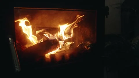 Slow Motion Locked-Off Shot of Burning Firewood in a Stove Stock Footage 342372922