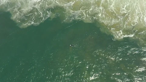 Slow-motion lone surfer heads towards giant waves Stock Footage 112709591