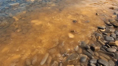 Slow motion looking down of calm waves. Algal bloom in sea water Stock Footage 130072915