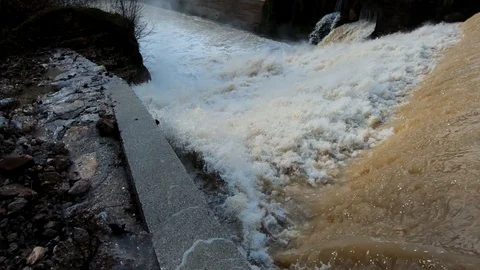 Slow motion looking down on man made cascades Stock Footage 120528552