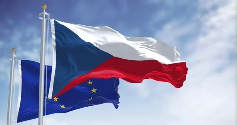 Slow motion loop of Czech Republic and EU flags waving on a clear day Video stock 242668366
